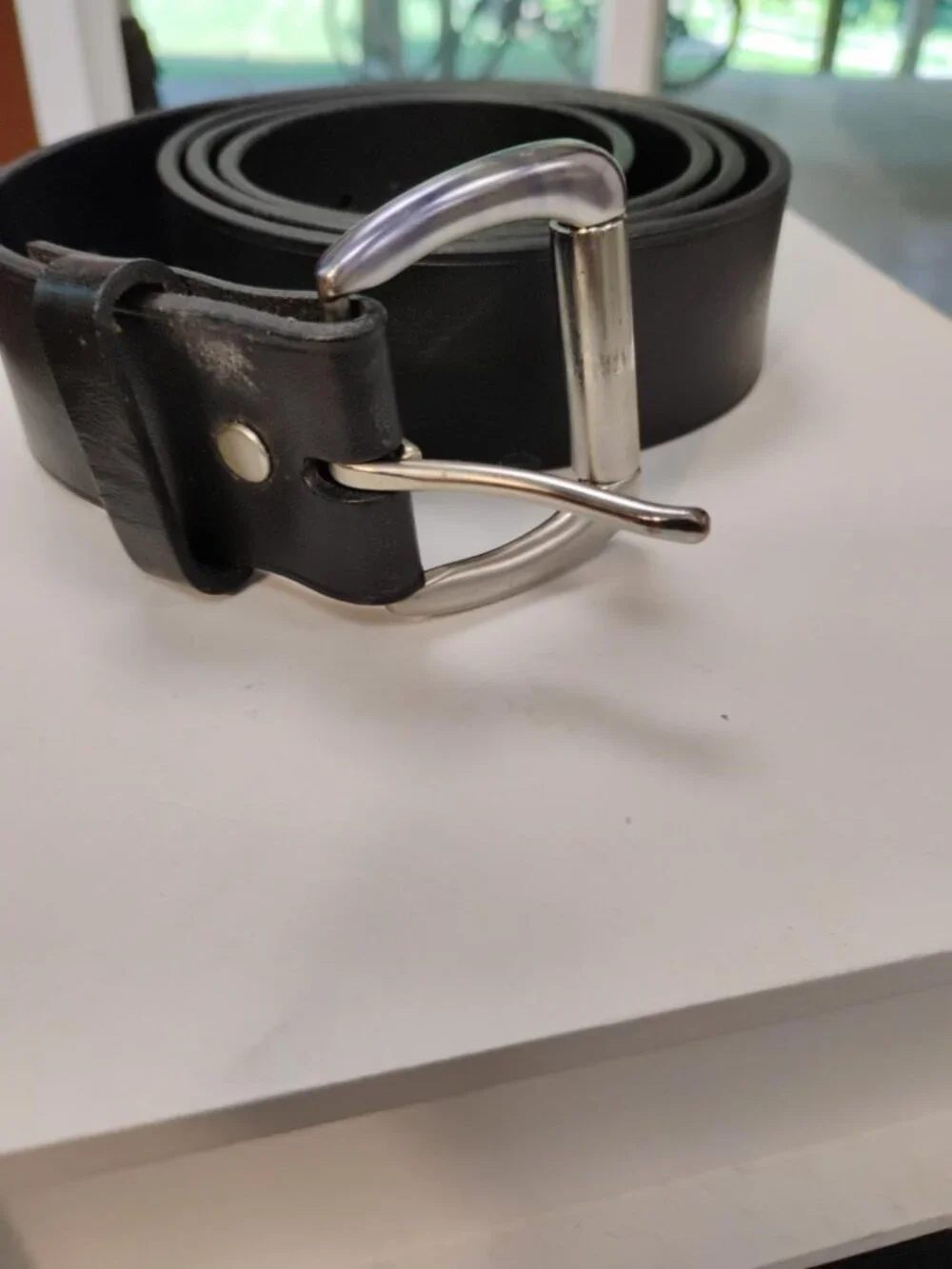 Lands’ End Men’s Black Genuine Leather Belt Size 42 Silver Buckle
